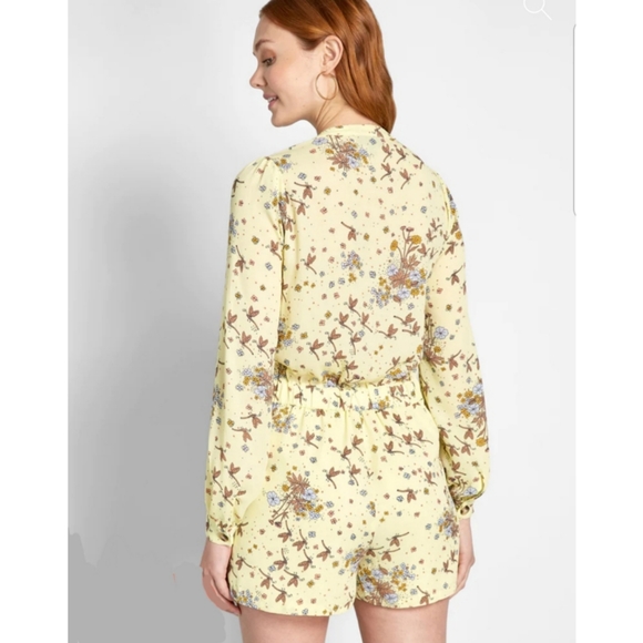 ModCloth Romper Womens Size M Yellow Floral Dragonfly Long Sleeve Jumper - Picture 7 of 14